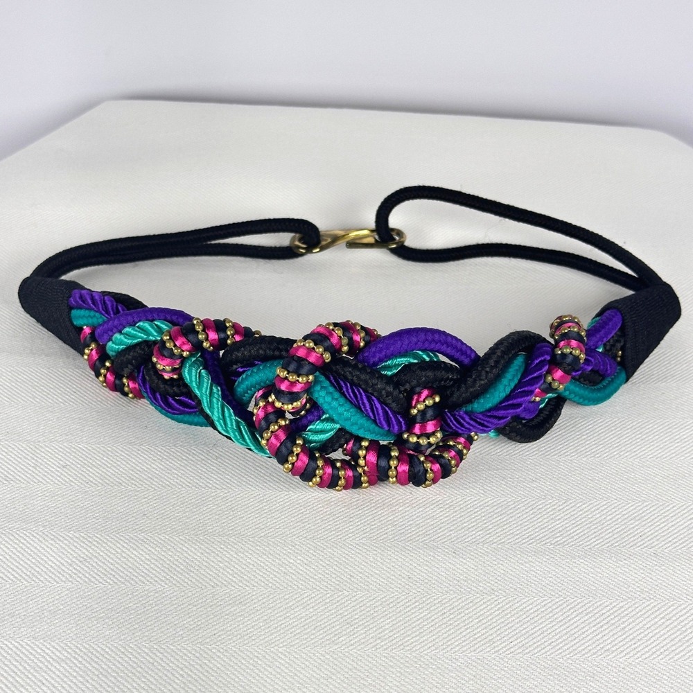 80s Statement Multicolor Braided‎ Rope Belt Pink Blue Black Purple Gold Bead 0S